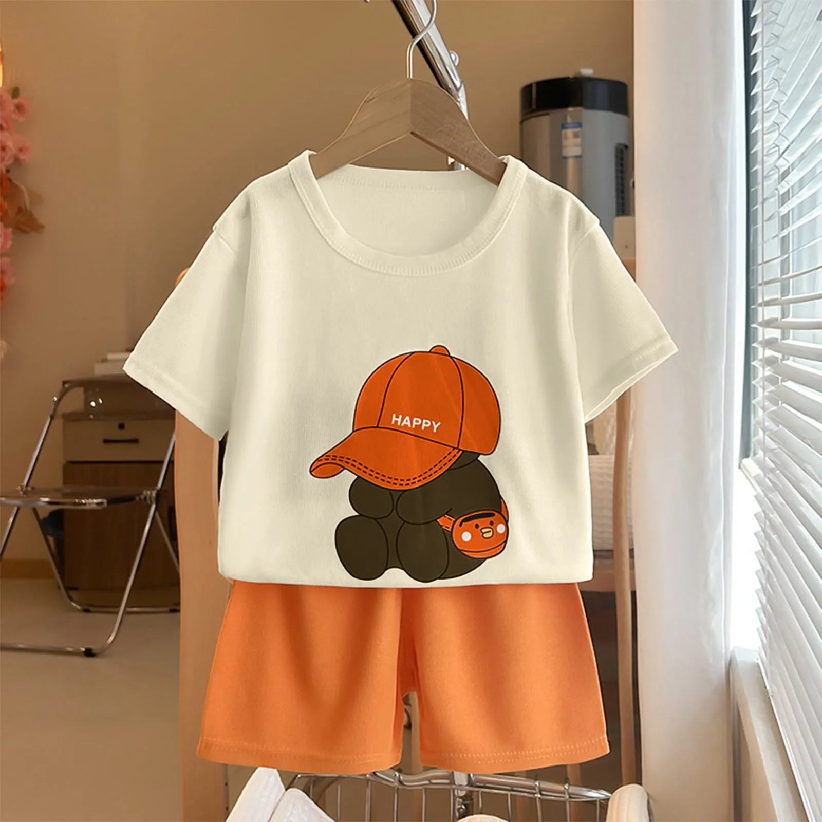 Boys Bear Print Short Sleeve T-Shirt & Shorts Set – Cotton 2-Piece Casual Outfit