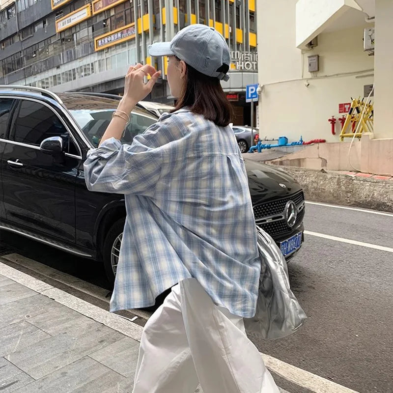 Women's Blue Plaid Cotton Linen Sunscreen Shirt Jacket – Korean Lazy Style Spring Top