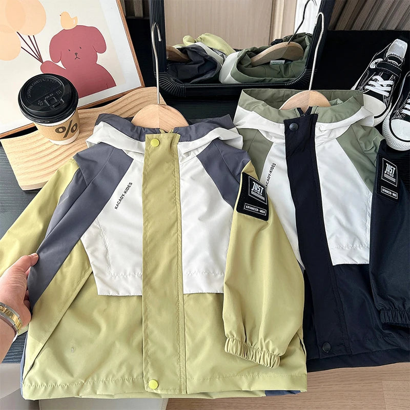 Boys Color Block Hooded Windbreaker Jacket – Fashion Zipper Outerwear