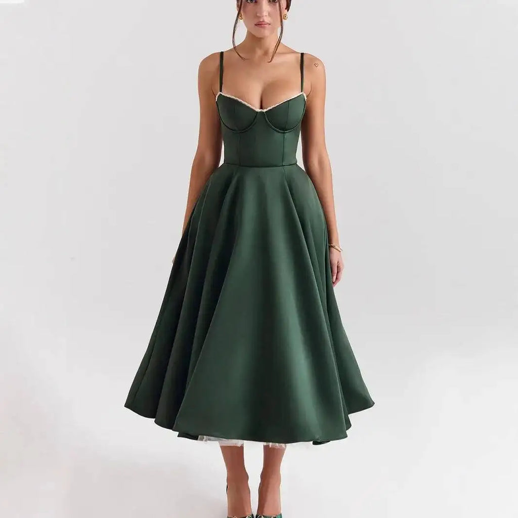 Women's Satin Strapless French Midi Dress – High-End Waist Strap Sexy Elegant Gown