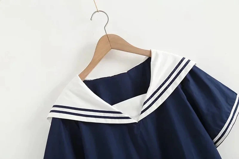 Women's Navy Sailor Collar Patchwork Blouse – Short Sleeve Pullover Summer Top