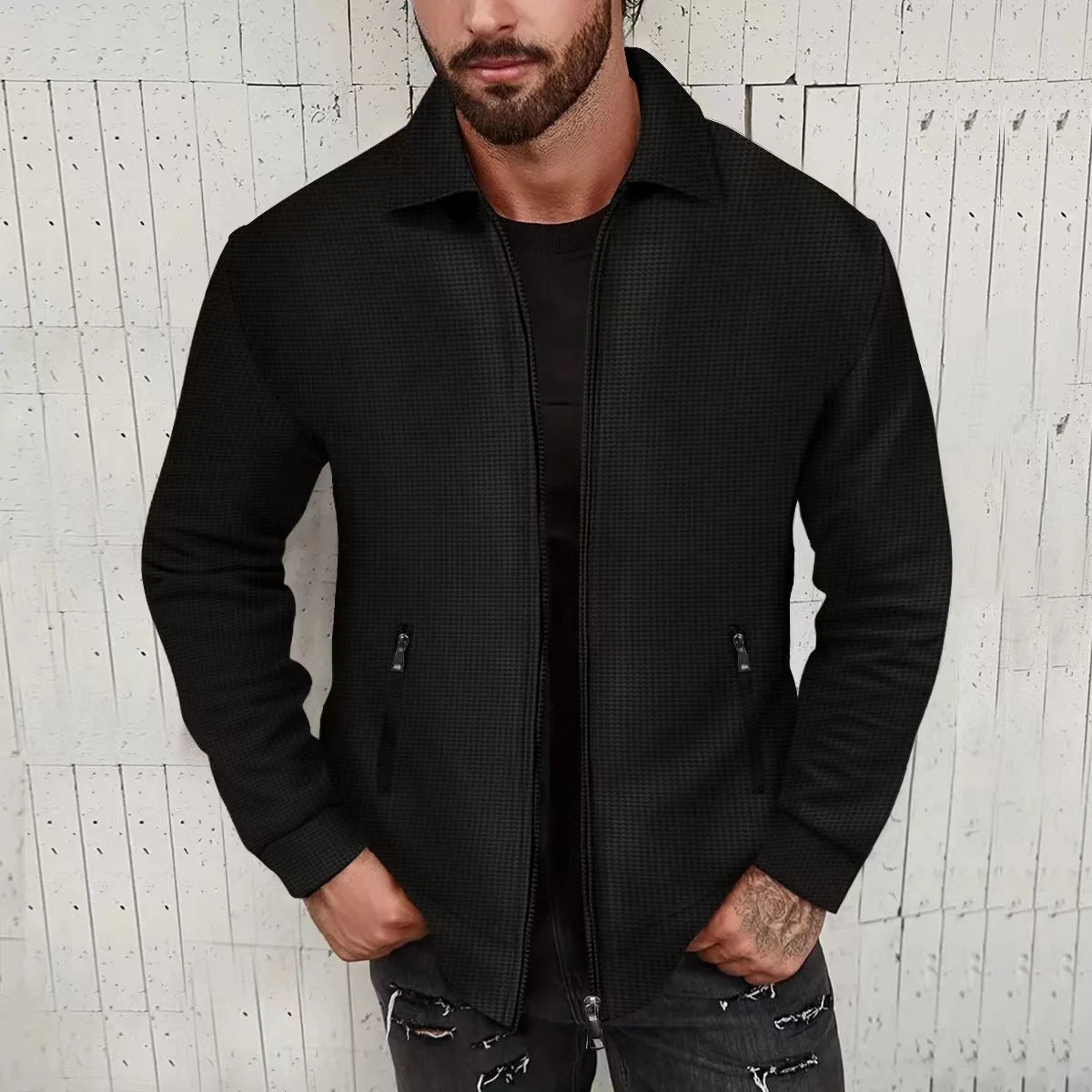 Men's Waffle Texture Long Sleeve Zipper Jacket – Casual Autumn Coat