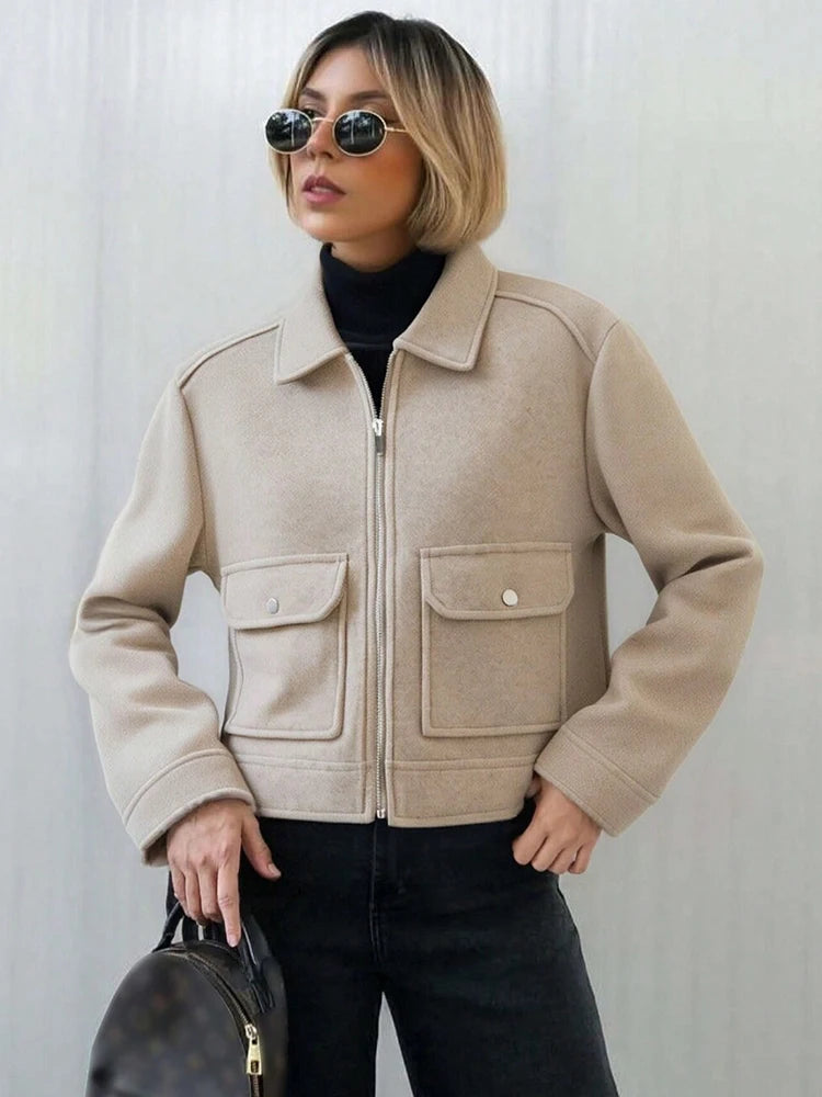 Women's Zipper Pocket Short Jacket Coat – Elegant Street Outerwear