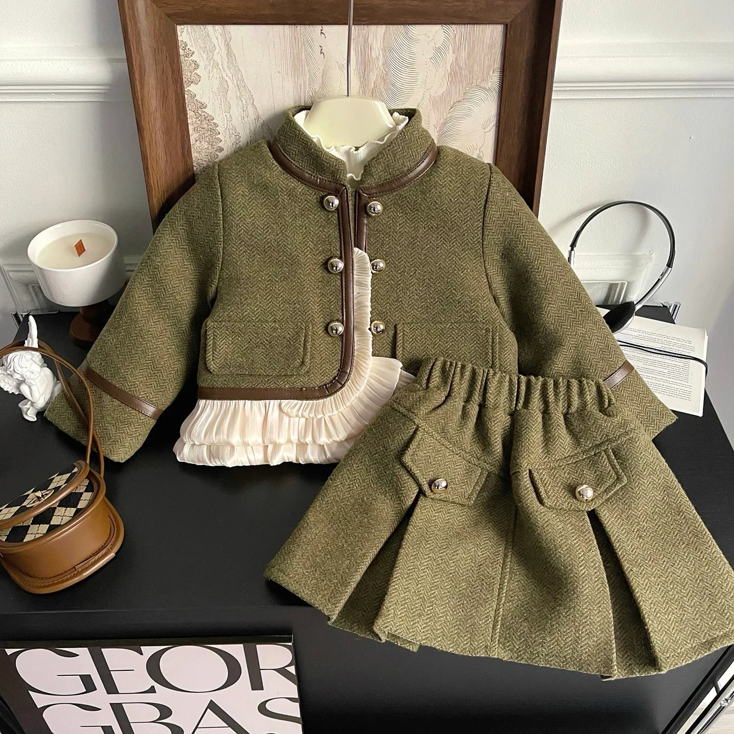 Children's Clothing Sets Small Fragrance Lace Long Sleeve Coat + Pleated Skirt Girls Kids Boutique Clothes Baby Girl Outfit Set