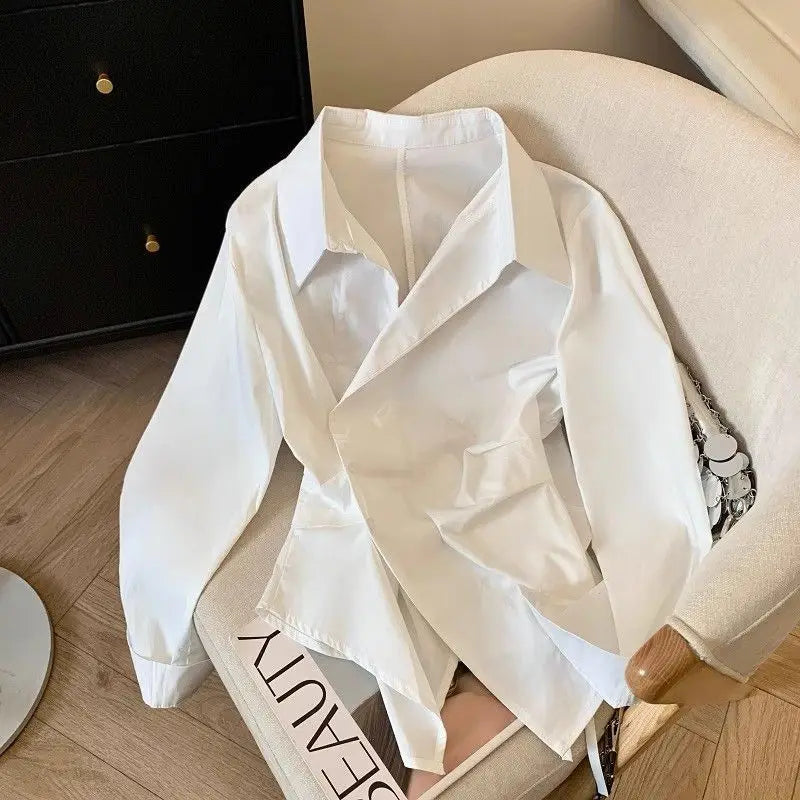 Women's Irregular Long Sleeve Polo Tunic Shirt – Elegant White Basic Work Blouse