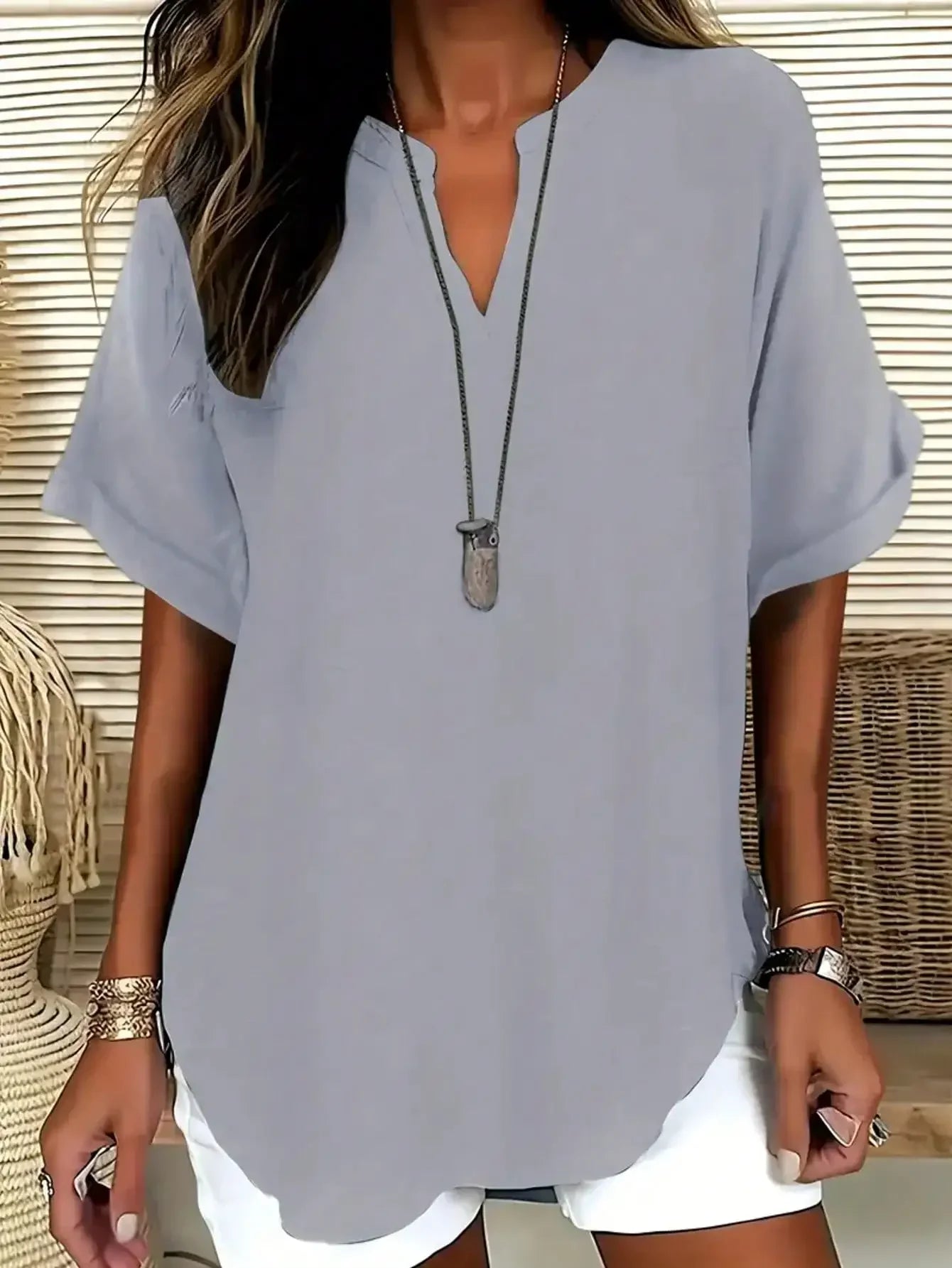 Plus Size 1XL-5XL New Women's Fashion Solid Color Notched Top Ladies Casual Short Sleeve Comfort V-Neck Blouse Shirt Tops
