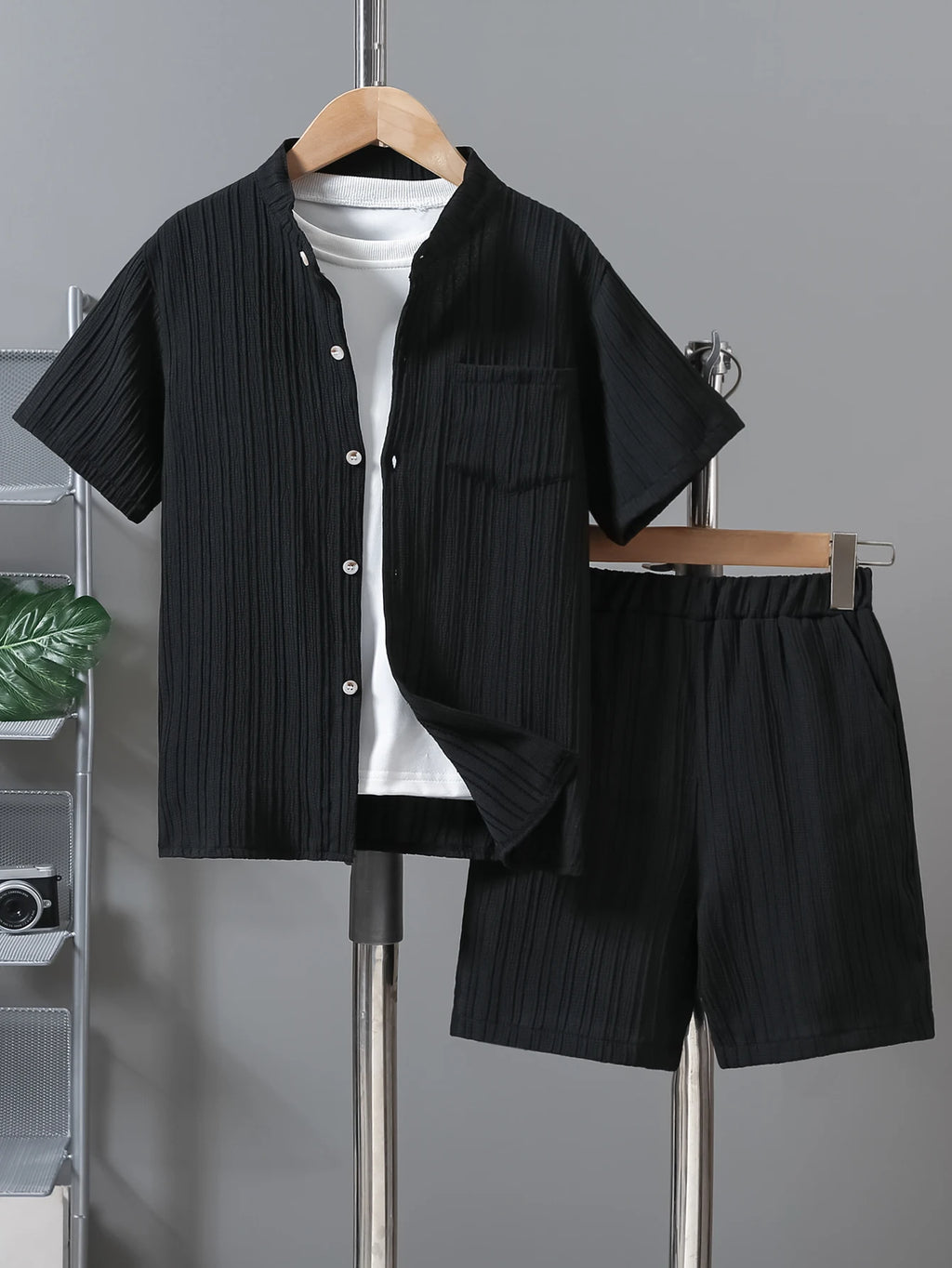 Boys Textured Round Neck Shirt & Shorts Set – Smart Casual Summer Outfit