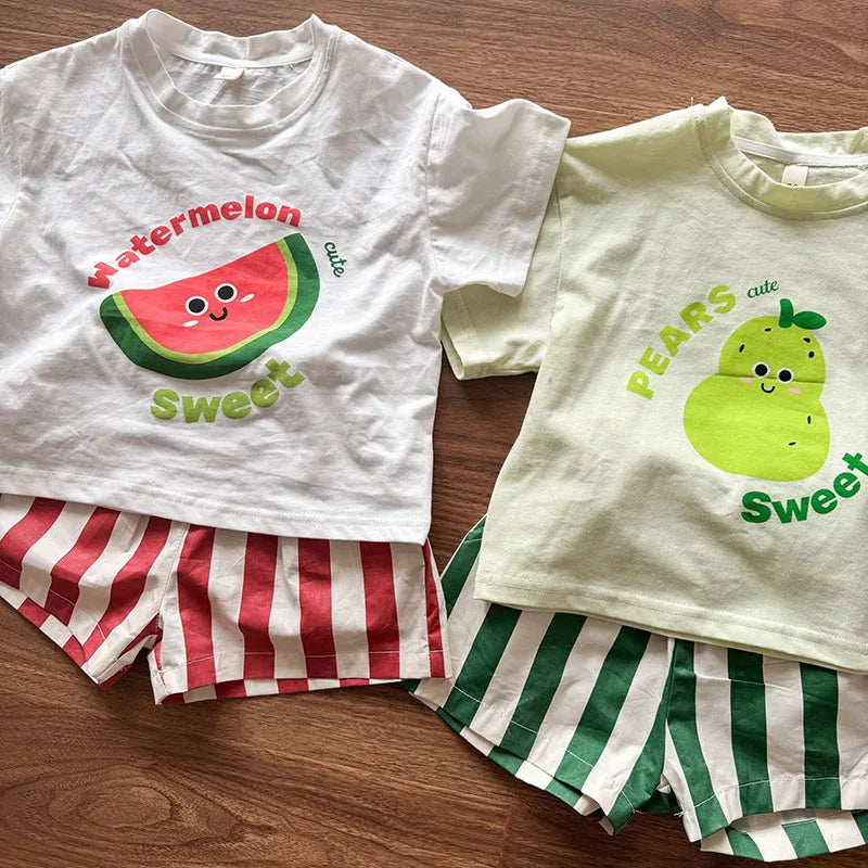 Girls Cartoon T-Shirt & Striped Shorts Set – Cotton Loose 2-Piece Summer Outfit Ages 1–9