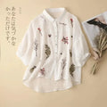 Summer Seven Point Cotton Linen Embroidered Shirt for Women 2024 New Literary Loose Temperament Lapel Casual Top for Women