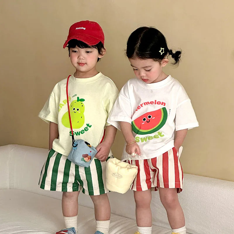 Girls Cartoon T-Shirt & Striped Shorts Set – Cotton Loose 2-Piece Summer Outfit Ages 1–9