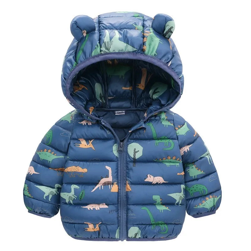 Kids Cartoon Dinosaur Hooded Warm Jacket – Lightweight Winter Outerwear Ages 0–5