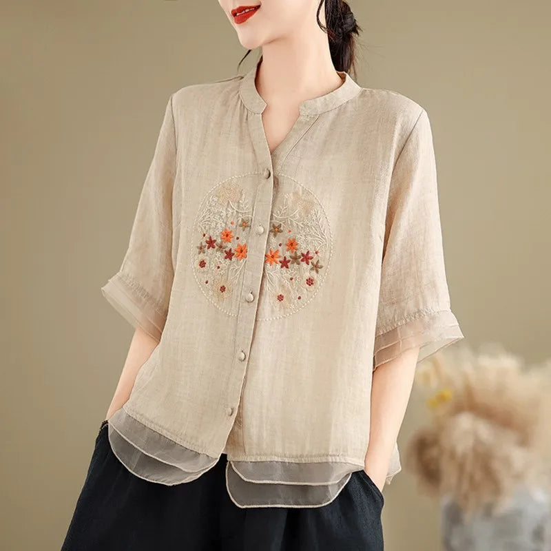 Women's V-Neck Floral Embroidery Half Sleeve Shirt – Vintage Loose Casual Summer Top
