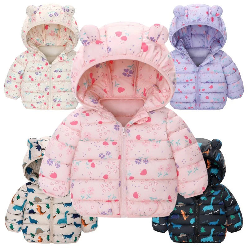 Kids Cartoon Dinosaur Hooded Warm Jacket – Lightweight Winter Outerwear Ages 0–5