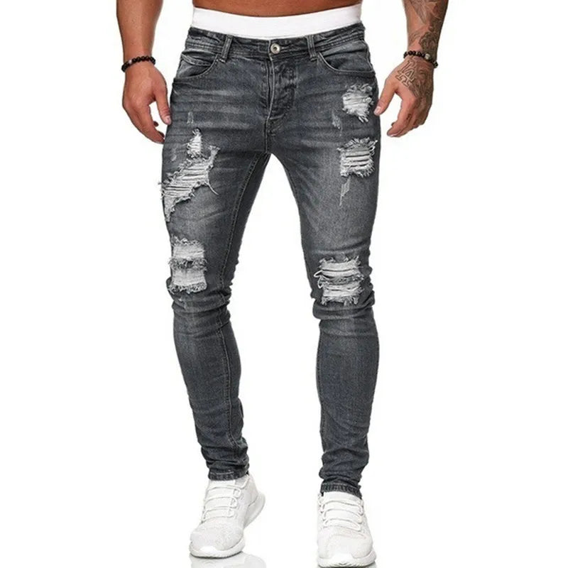Men's Ripped Skinny Slim Fit Denim Jeans – Vintage Wash Street Style Trousers