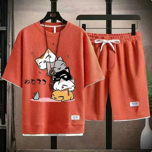 2024 Men's Summer Waffle Set Brand Fashion Casual T-shirt+Shorts Set Men's Sports Set Loose ComfortableSlo Two-piece Set