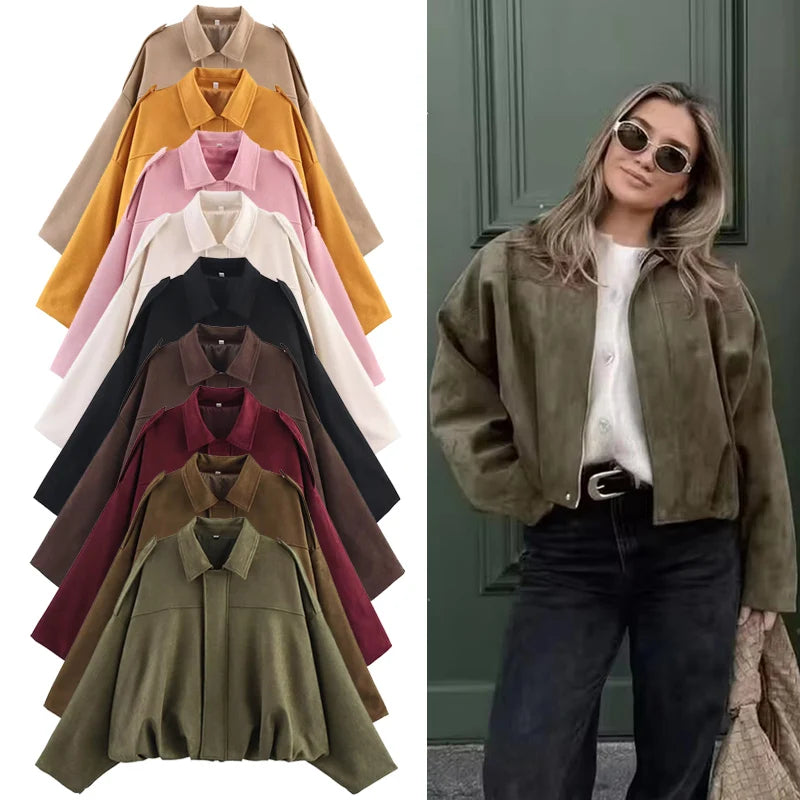 Women's Green Suede Oversize Bomber Jacket – Long Sleeve Zipper Casual Street Coat
