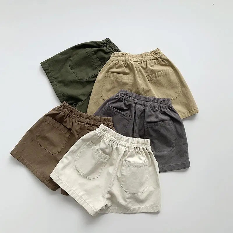 2026 Summer New Children Loose Shorts Solid Vintage Girls Casual Shorts Baby Boys Versatile Pocket Short Pants Kids Clothes