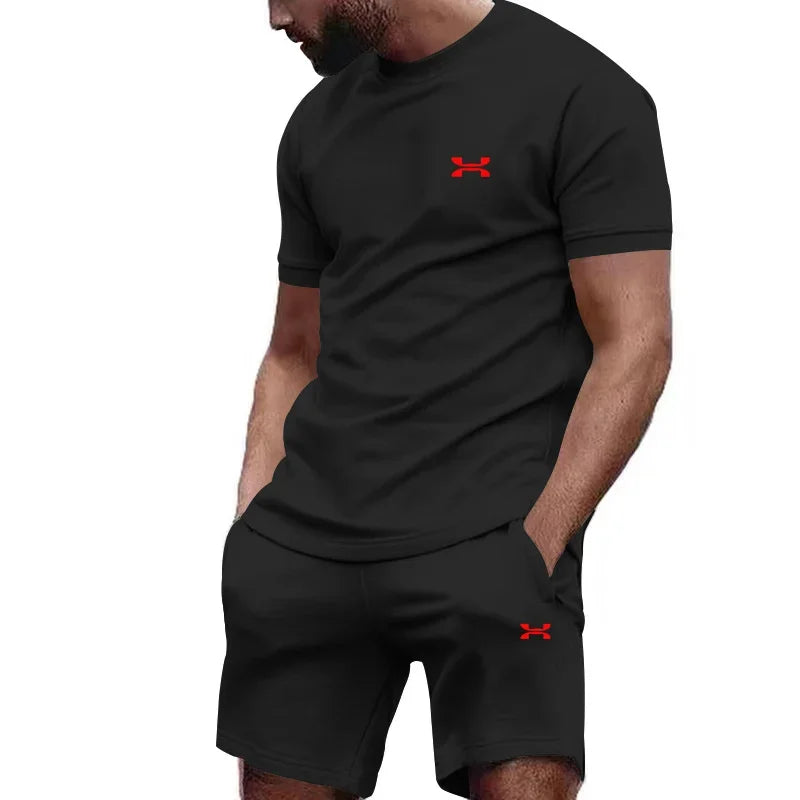 New summer men's casual shortsleeved shorts 2-piece city street fashion T-shirt shorts suit men's cool run hot sale