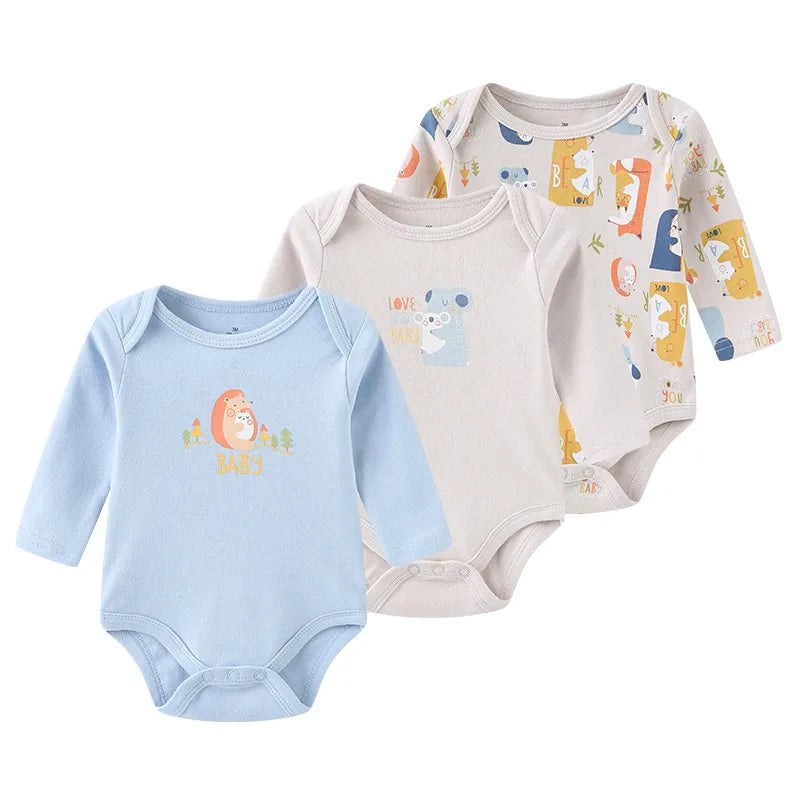 Newborn Cartoon Long Sleeve Bodysuit – 100% Cotton Baby Onesie 3-Pack