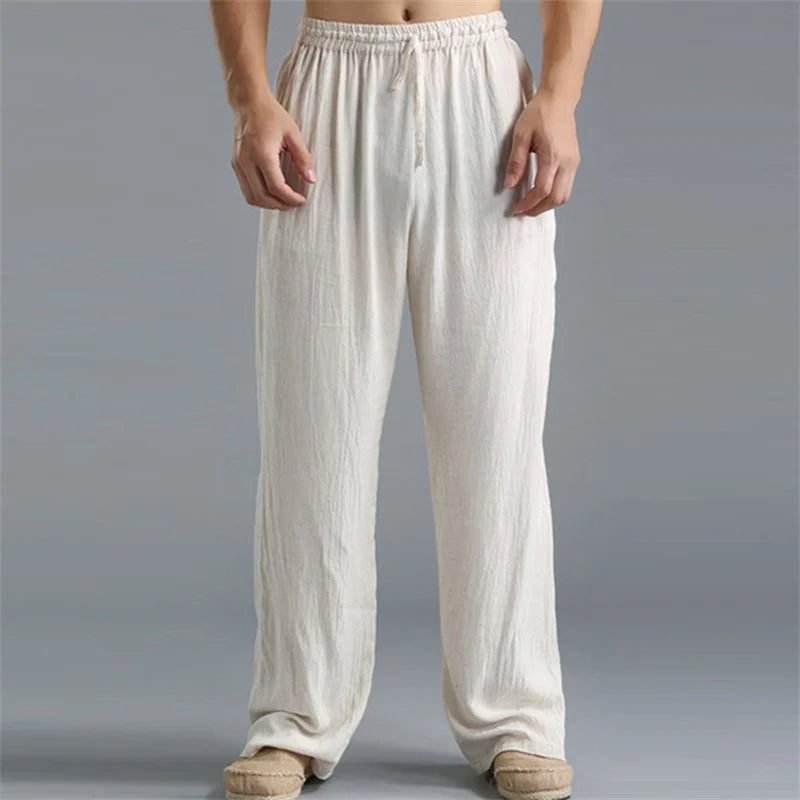 Solid Color Cotton Linen Men Pants Minimalist Basic Casual Drawstring Trousers Thin Plus Size Loose Straight Leg Pant
