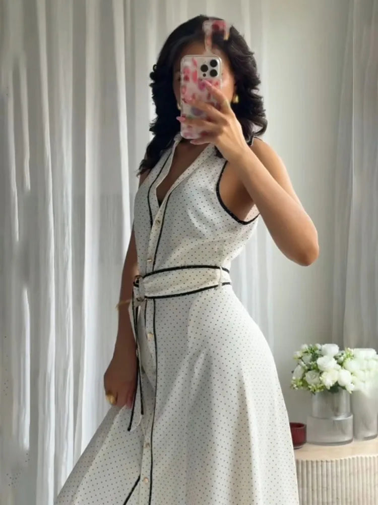 HH Woman Elegant Chic Sleeveless Single-breasted Midi Dress Summer Women Sexy White Polka Dot Shirt Style Chart Dress Mujer