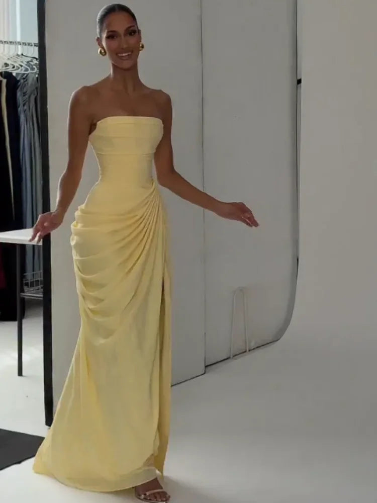 Women's Strapless Pleated Maxi Gown with Split – Elegant Yellow Waist Cinching Evening Dress
