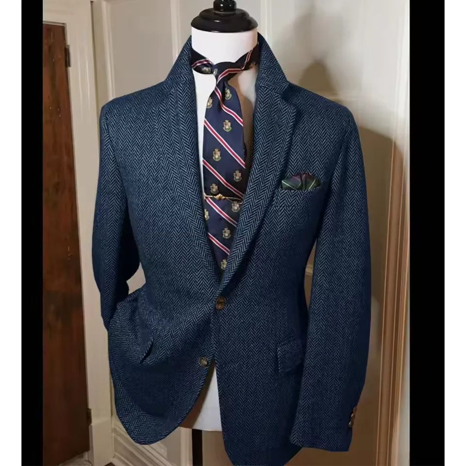 Men's Herringbone Tweed Blazer – Vintage British Slim Fit Wool Blend Suit Jacket