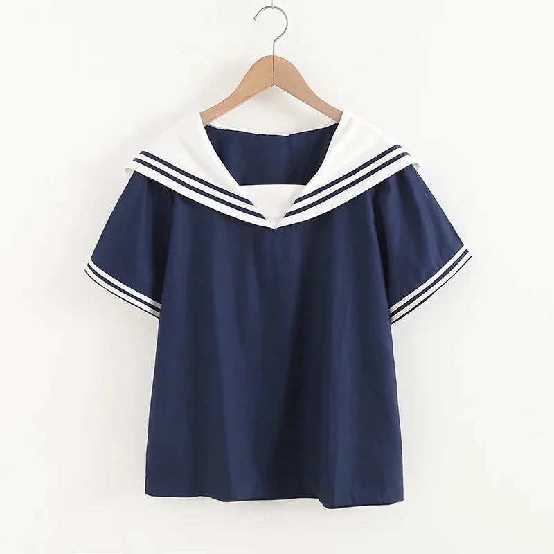 Women's Navy Sailor Collar Patchwork Blouse – Short Sleeve Pullover Summer Top