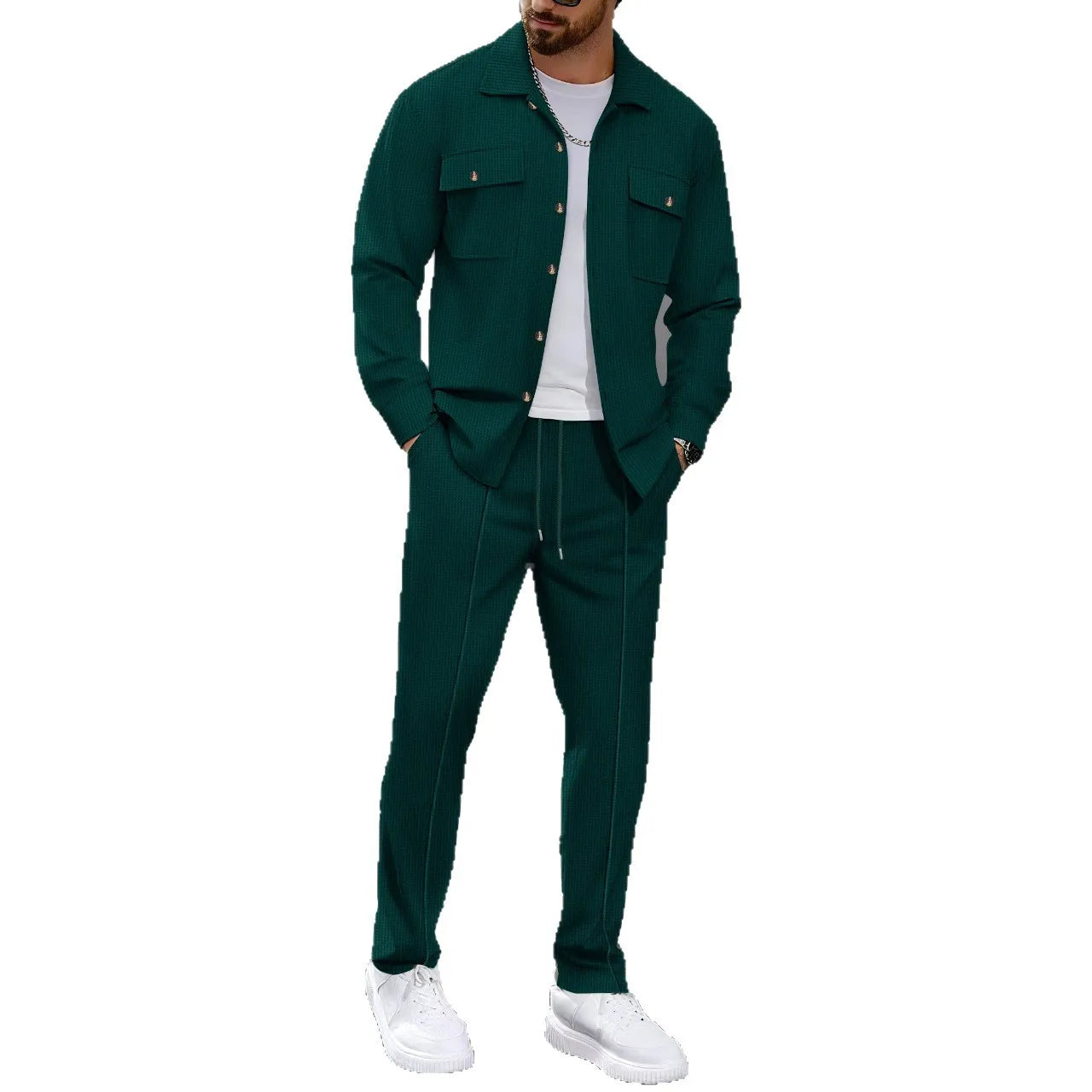 Men's Waffle Check Workwear Fashionable Lapel Button Jacket And Long Pants Comfortable Breathable Casual Business Outfi 1/2piece