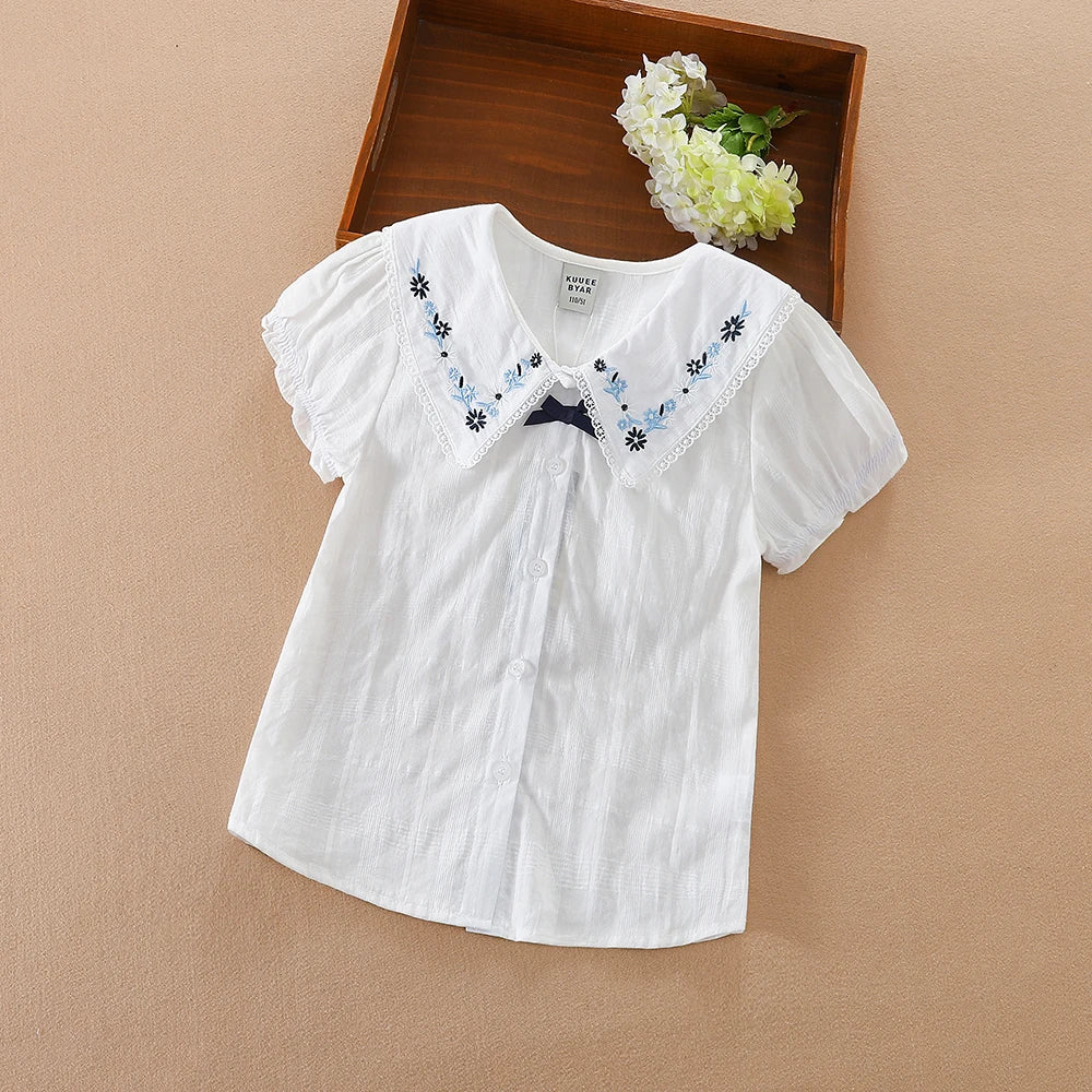 Girls White Lace Short Sleeve Cotton Blouse – Lovely Casual Summer Top