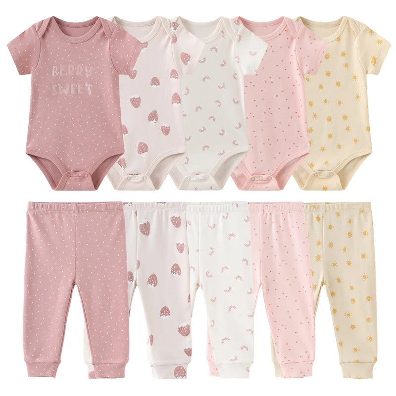 Unisex 6/9/10Pieces Cotton New Born Bodysuits+Pants Baby Girl Clothes Sets Cartoon Print Short Sleeve Baby Boy Clothes Bebes