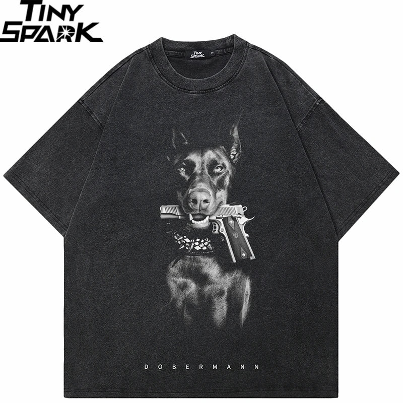 Hip Hop 2024 Vintage Washed Black T-Shirt Streetwear Doberman Dog Gun Graphic T Shirt Cotton Unisex Tshirt Men Tops Tee Hipster