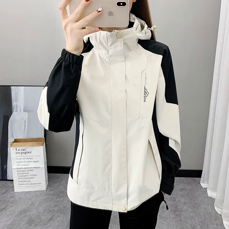 Women's Waterproof Hooded Hiking Windbreaker – Patchwork Sports Outdoor Raincoat