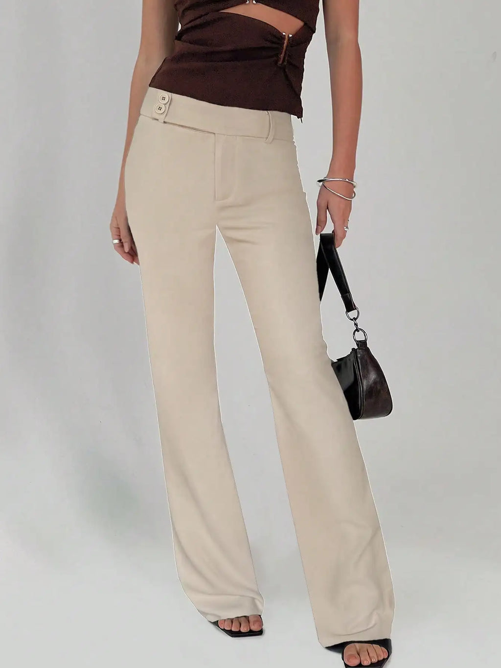 Women's Low Drop Waist Color Block Striped Office Pants – Elastic Waist Casual Trousers
