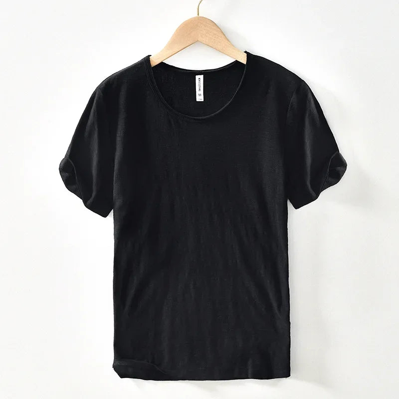 Men's Retro Raw Edge Slim Fit T-Shirt – 100% Cotton Lightweight Casual Top