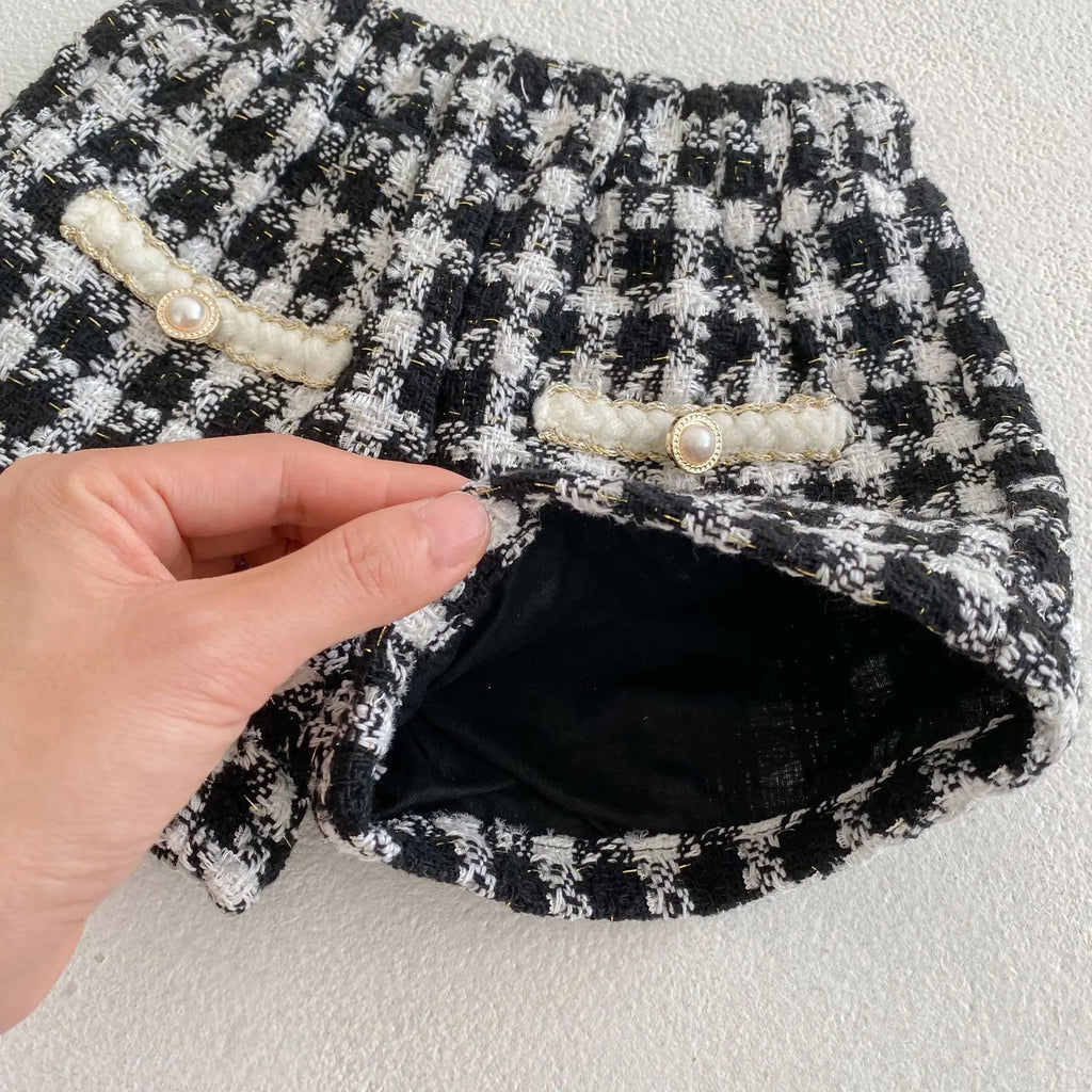 Two Piece Set For Spring And Autumn New Baby Boys And Girls' Tweed Black Plaid Long Sleeved Shirt With Open Coat And Short Pant