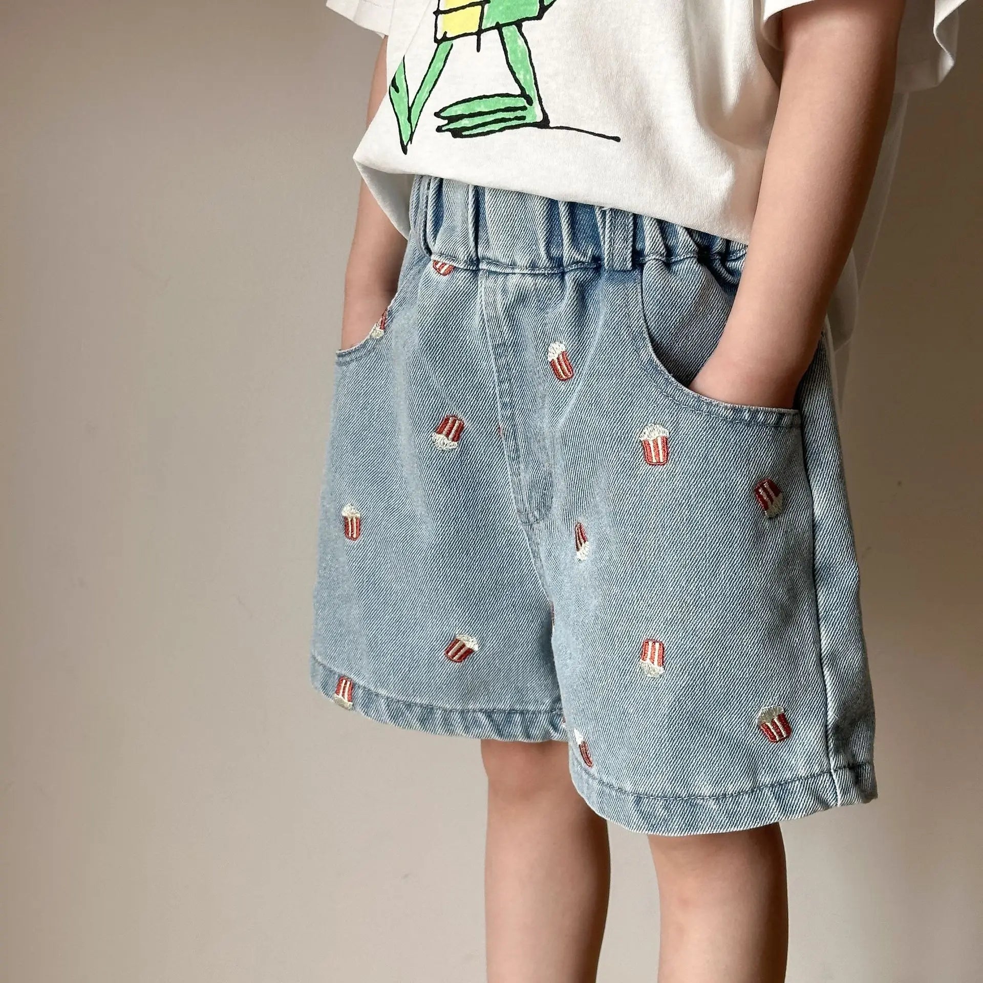 2025 Summer Kids Denim Shorts Children Boys Girls Popcorn Embroidery Short Pants Casual Knee Length Jeans Shorts