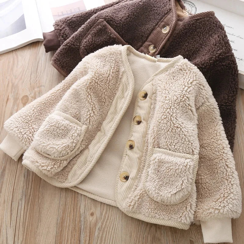 Girls Velvet Loose Lamb Velvet Warm Jacket – Korean Style Winter Coat Ages 0–5