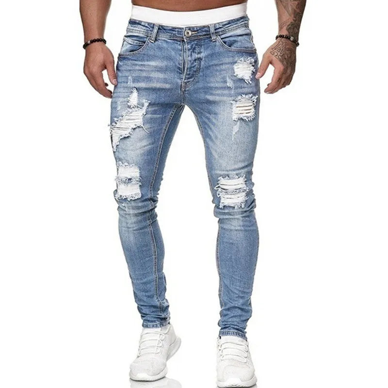 Men's Ripped Skinny Slim Fit Denim Jeans – Vintage Wash Street Style Trousers