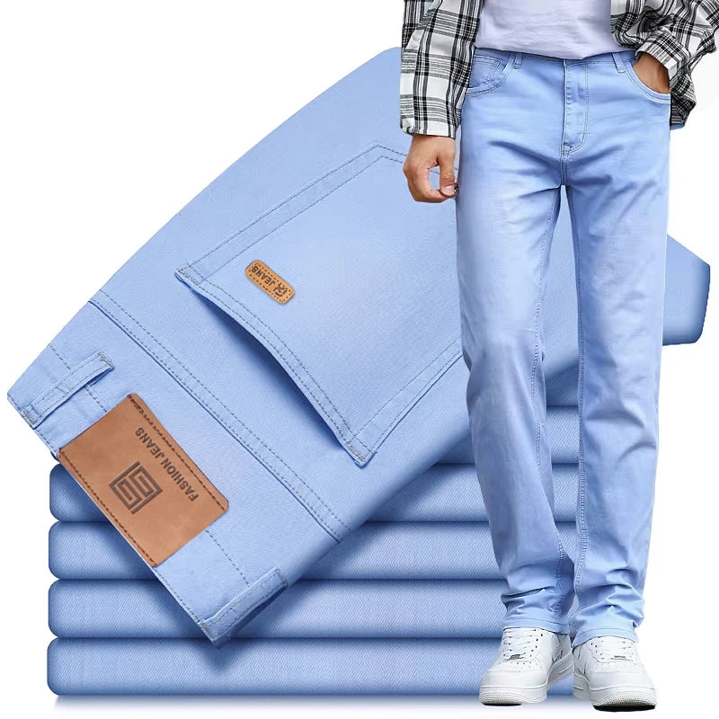 2025 Summer New Men's Sky Blue Slim Stretch Jeans Lyocell Thin Style Fashion Casual Ice silk Denim Pants Male Brand Trousers