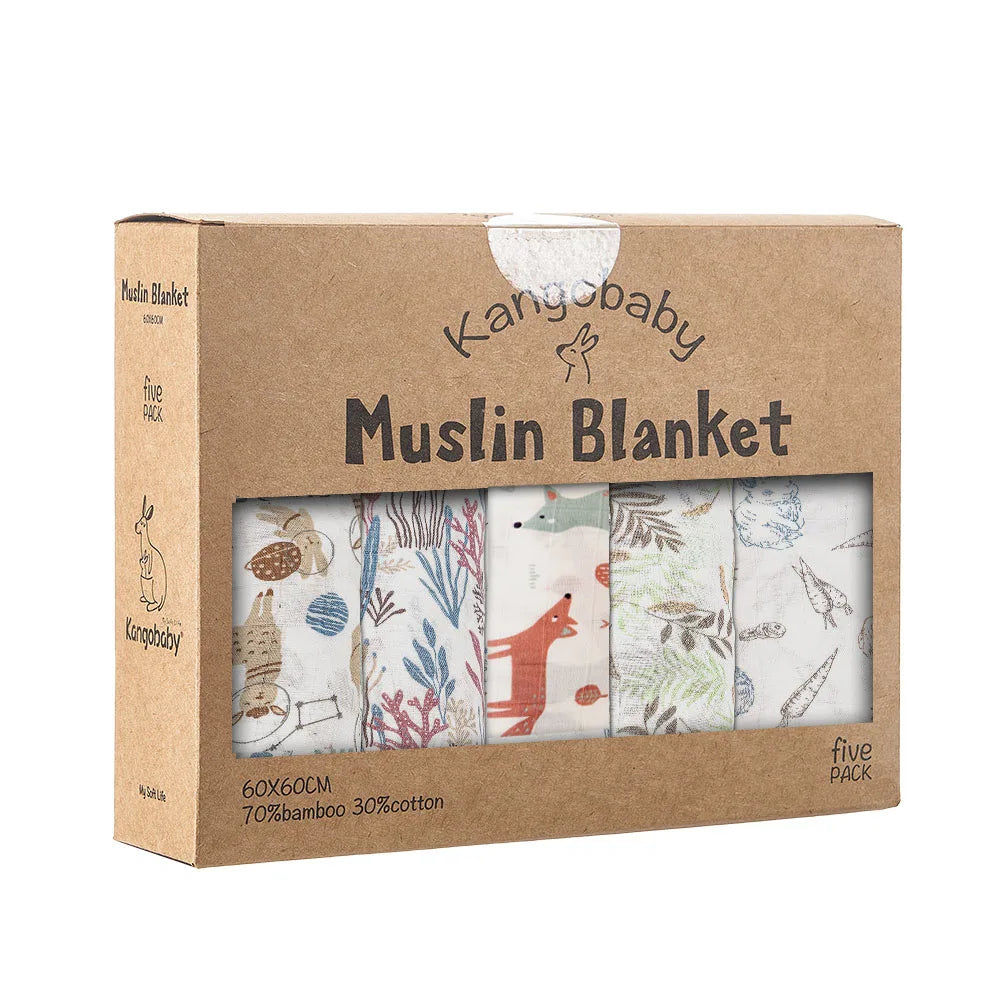 Kangobaby #My Soft Life# חבילה של 5 חלקים שמיכת מוסלין רב תכליתית מכותנה מבמבוק לתינוק סט בד גיהוק