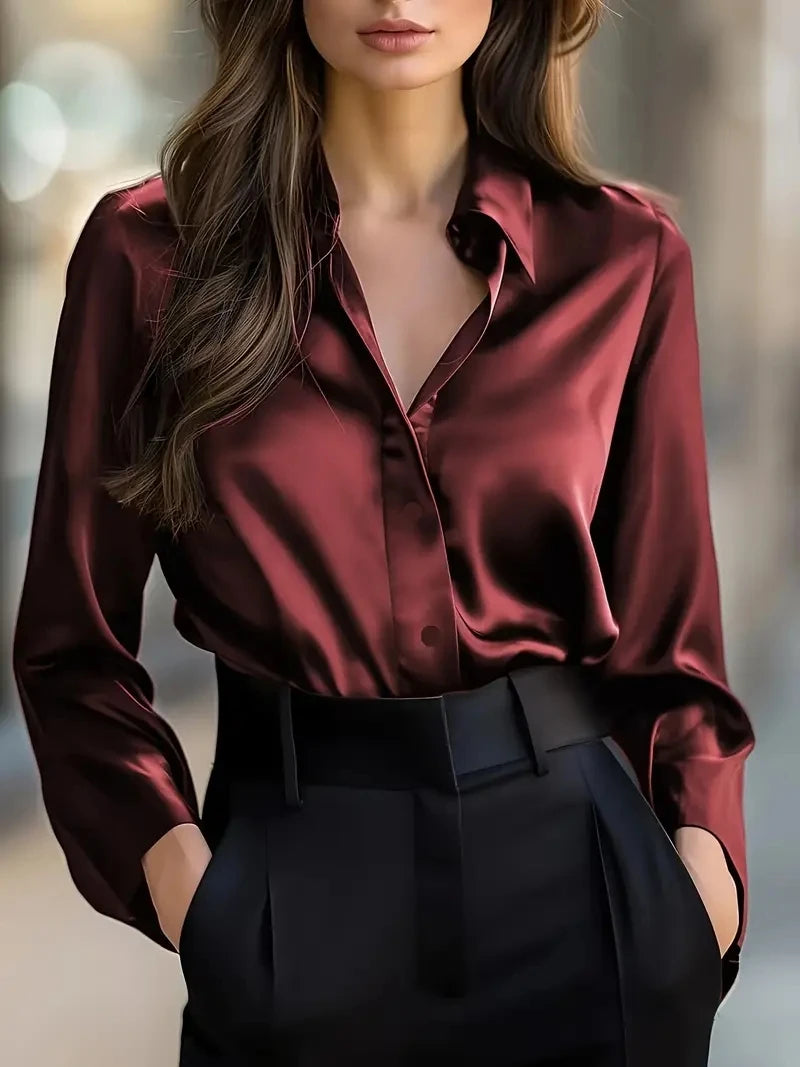 Women's Elegant Satin Long Sleeve Blouse – Button-Up Collar Casual Professional Shirt