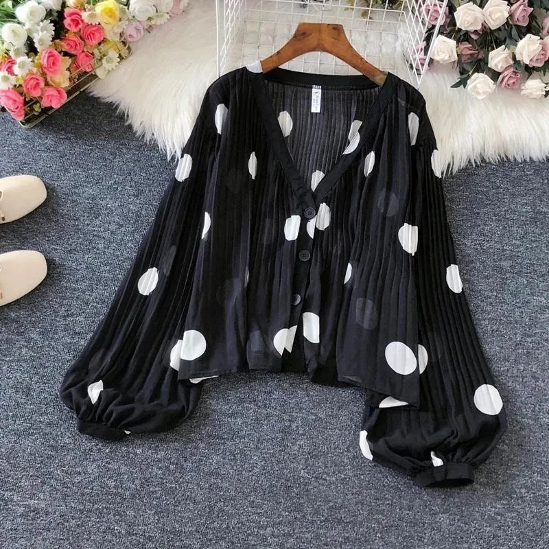 Polka Dot Casual V-Neck Chiffon Single Breasted Lantern Sleeve Folds Women's Blouse Shirt Female Clothing Tops 2024 Fashion