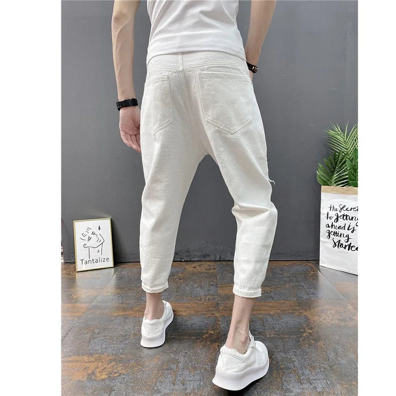 Korean Ankle-Length Distressed Jeans Men White Breathable Slim Fit Ripped Denim Pants Four Season Narrow Leg Harem Male Trousers