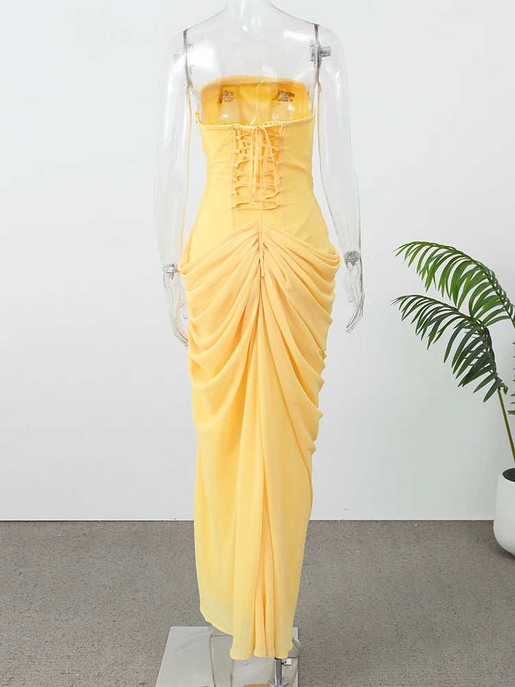Women's Strapless Pleated Maxi Gown with Split – Elegant Yellow Waist Cinching Evening Dress
