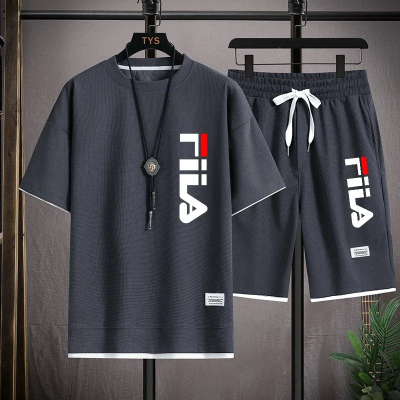 Fashionable printed T-shirt shorts set for men, sporty and comfortable, summer waffle style set