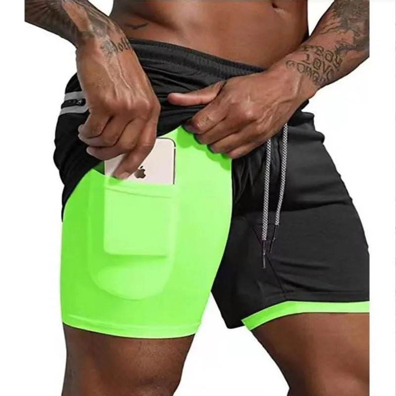 Men's Fitness Built-in pocket casual sports Shorts Summer 2 In 1 Quick Dry Breathable Double-deck men Shorts mesh sweatpants