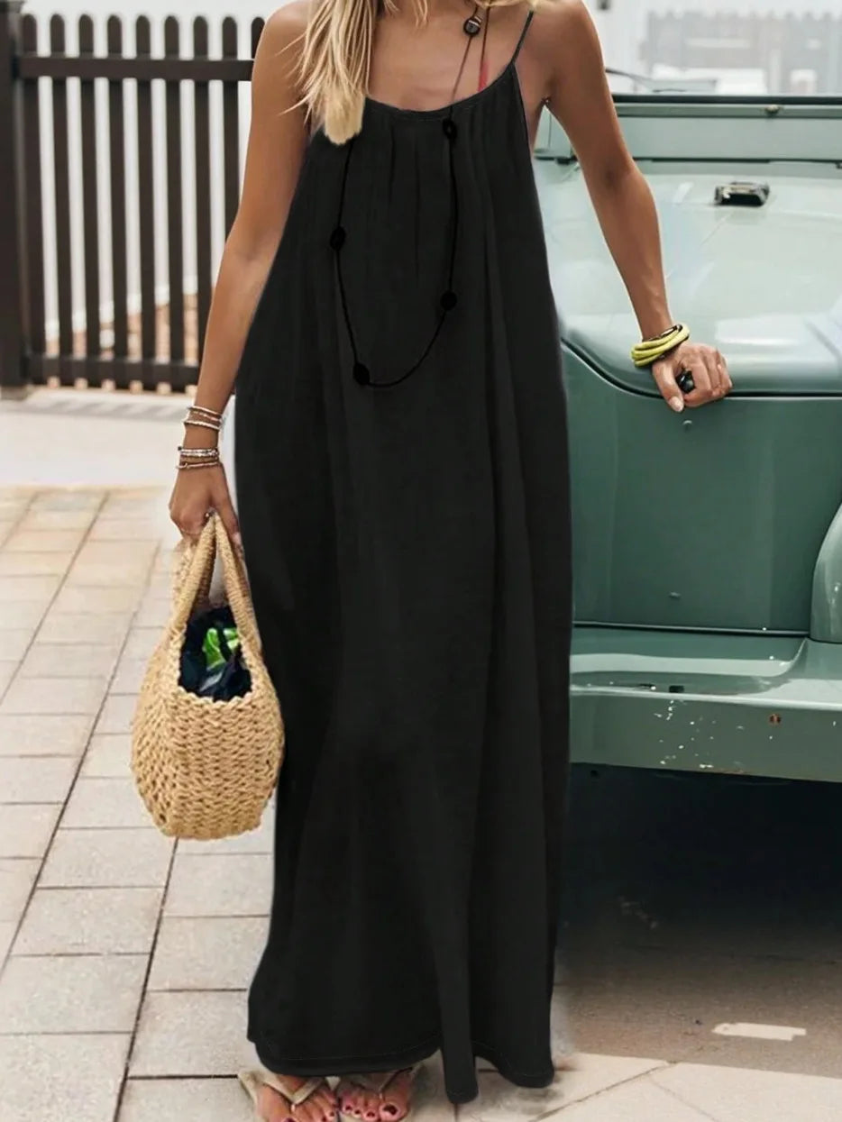 Women's Loose Spaghetti Strap Casual Summer Dress – Solid Color Vacation Homewear