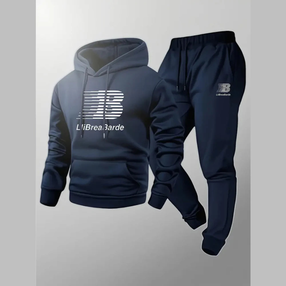 Men's letter printed casual hooded sports set -100% polyester fiber long sleeved pullover paired with drawstring running pants,