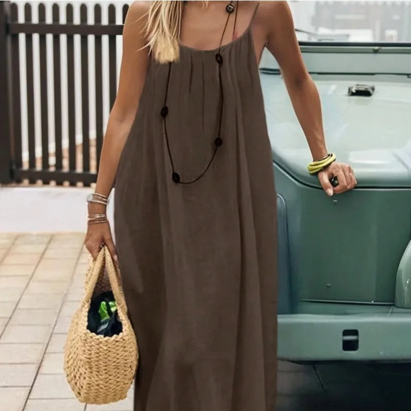 Women's Loose Spaghetti Strap Casual Summer Dress – Solid Color Vacation Homewear
